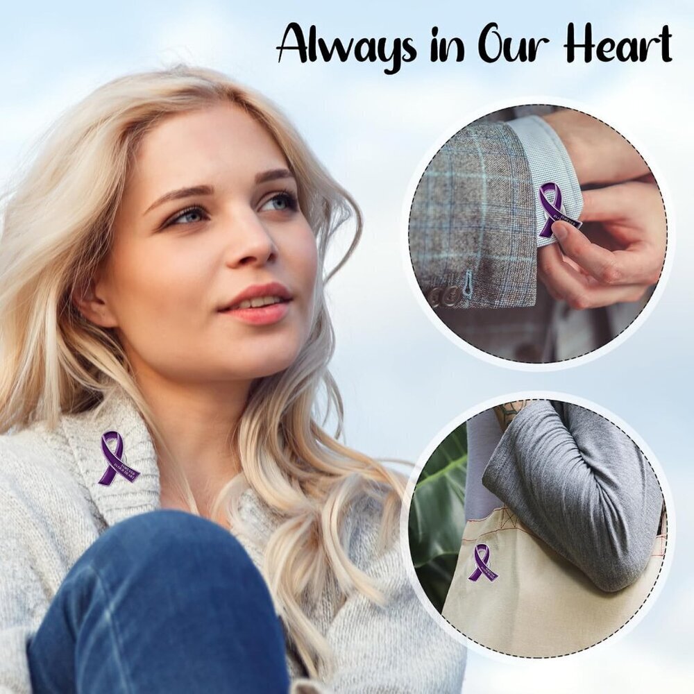 Funeral Awareness Lapel Pins 60 Pack Purple Ribbon Brooches with Prayer Cards - Picture 5 of 6